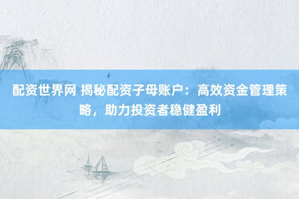 配资世界网 揭秘配资子母账户：高效资金管理策略，助力投资者稳健盈利
